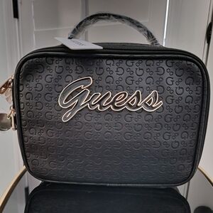 NWT Guess Embossed Logo make-up Travel Bag in Black with Gold Accent